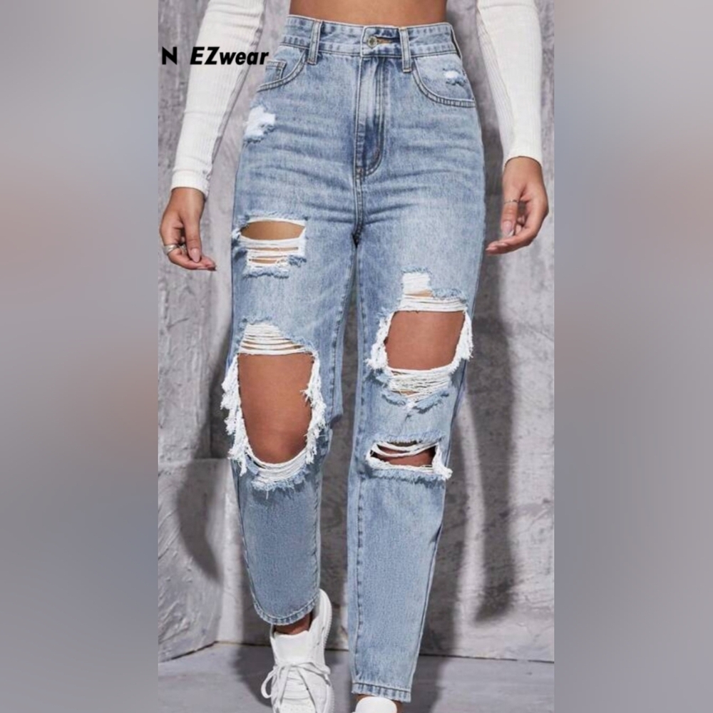 Shein High Waisted‎  Destressed JEANS holes Size XL